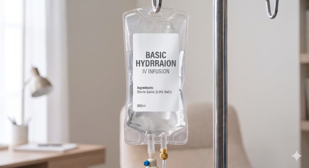 Basic hydration IV infusion bag with sterile saline