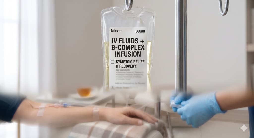 IV fluids and B-complex infusion bag for symptom relief and recovery