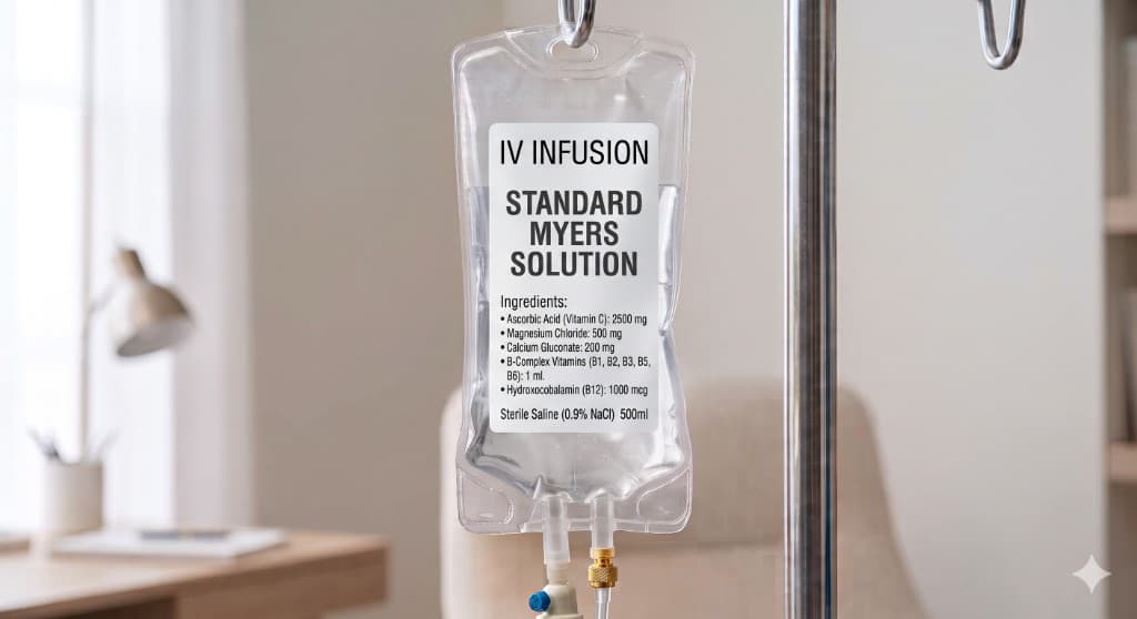 Standard Myers Cocktail IV infusion bag with vitamin C, B-complex, and magnesium