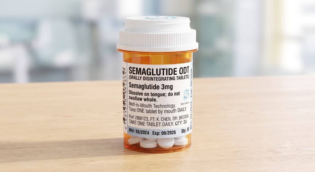Amber prescription bottle of Semaglutide orally disintegrating tablets (ODT) for once-daily weight management
