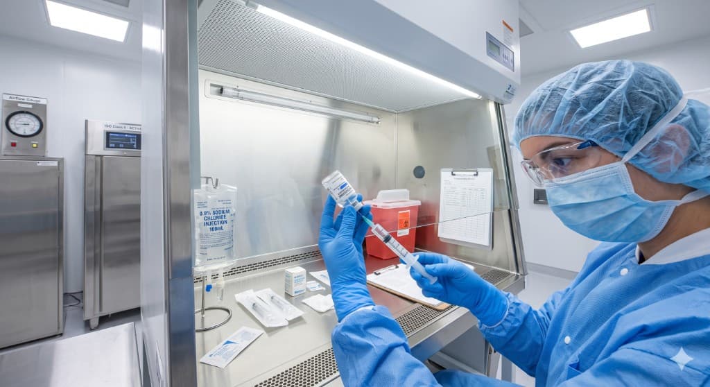 Pharmacist compounding IV therapy in a sterile pharmacy lab