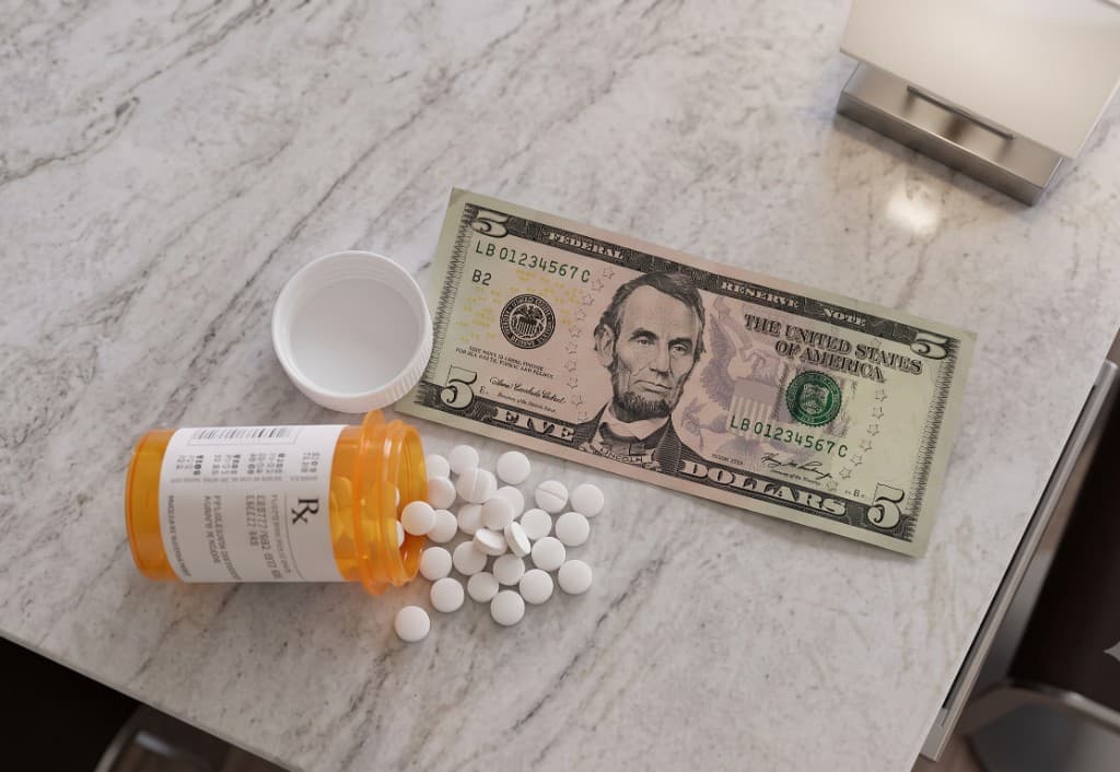 Prescription bottle with pills next to a five dollar bill — most meds cost around $5
