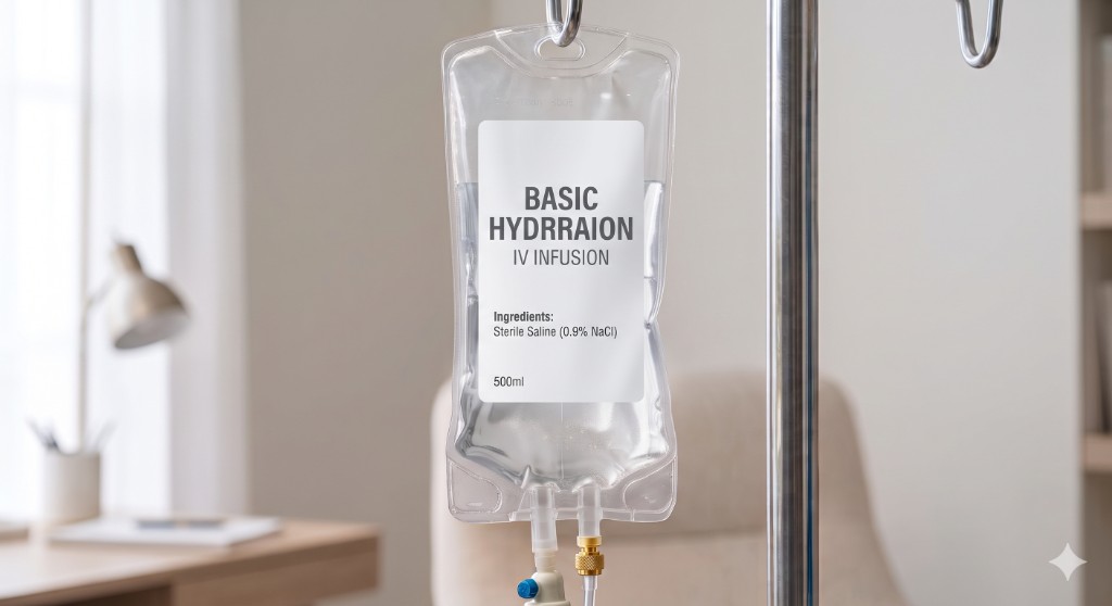 Basic hydration IV infusion bag with sterile saline